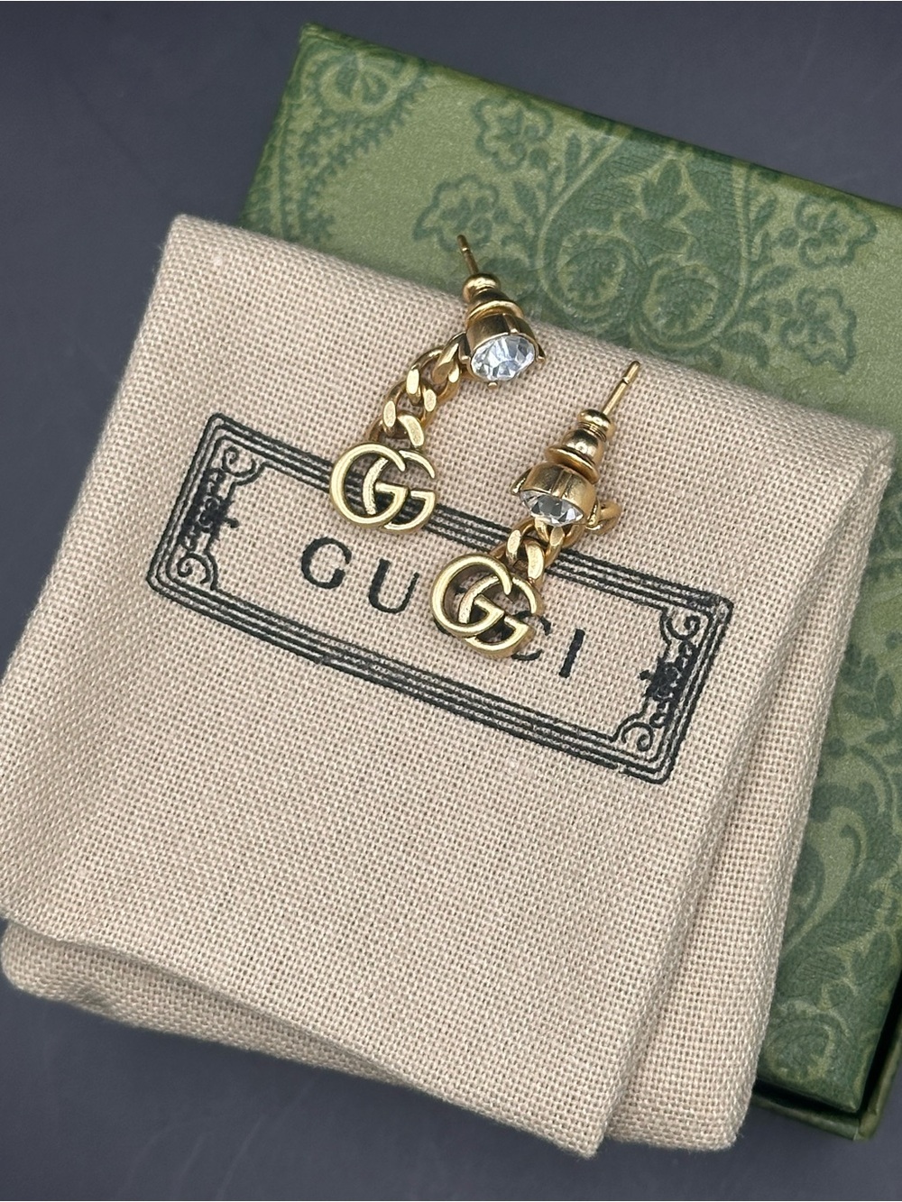 Fashion Gold Double G Chain Drop Earrings with Crystal Studs - Gold